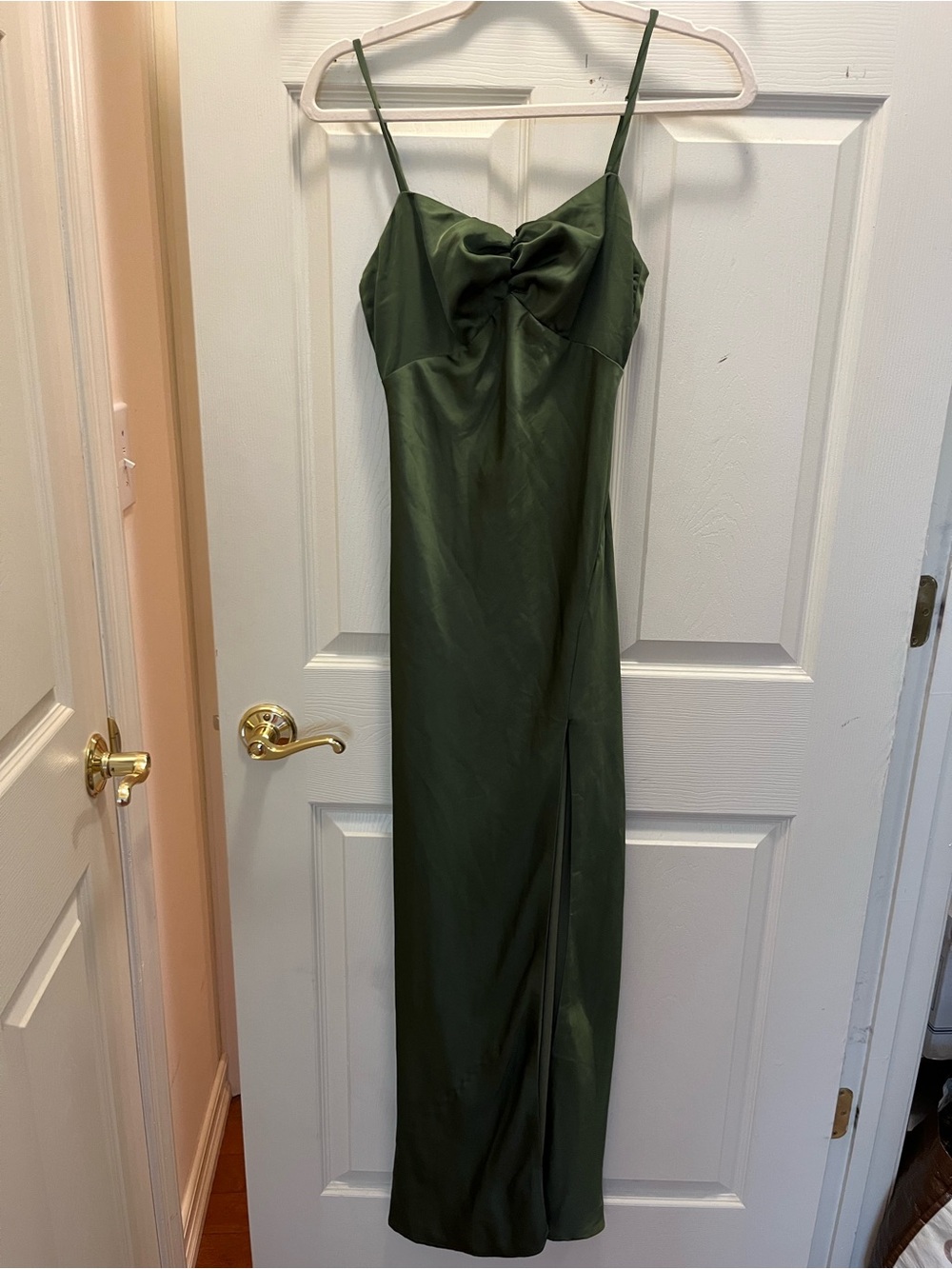 Lulu's Olive Green Satin Slip Dress with Front Slit
